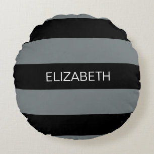 Charcoal Black Horiz Preppy Stripe #3 Monogram Round Cushion