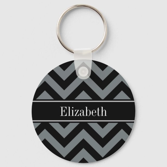Charcoal, Black LG Chevron Black Name Monogram Key Ring (Front)