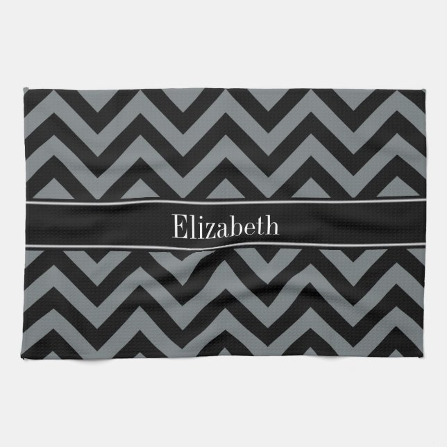 Charcoal, Black LG Chevron Black Name Monogram Tea Towel (Horizontal)