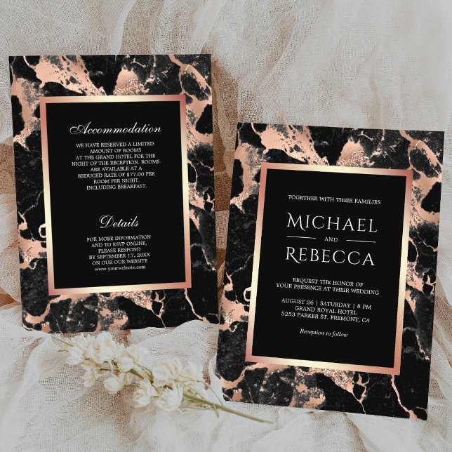 Charcoal Black Marble Rose Gold All in One Wedding Invitation (Creator Uploaded)
