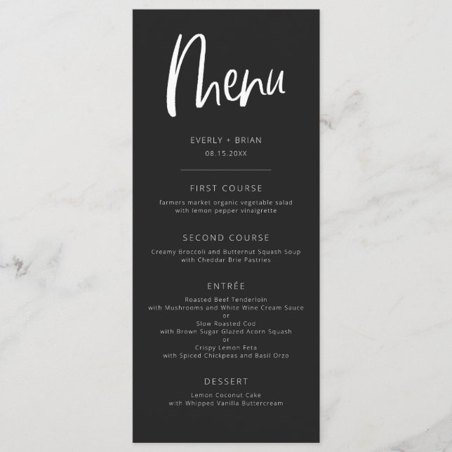 Charcoal black Modern Minimalist Wedding  Menu (Front)