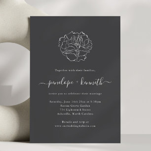 Charcoal Black Peony Line Art Wedding Script Invitation