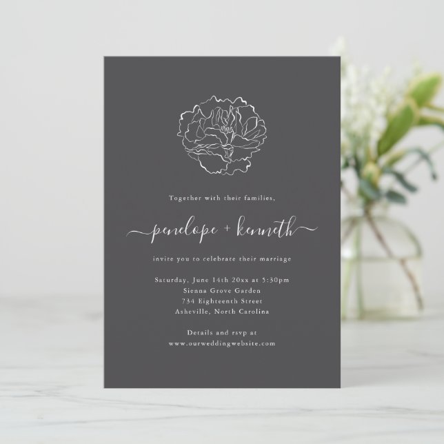 Charcoal Black Peony Line Art Wedding Script Invitation (Standing Front)
