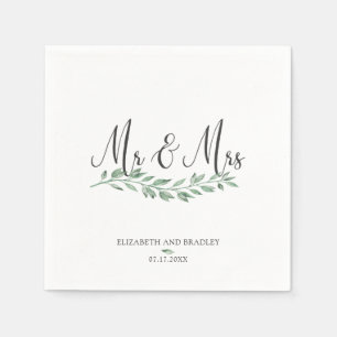 Charcoal Black Script Mr & Mrs Greenery Wedding Napkin