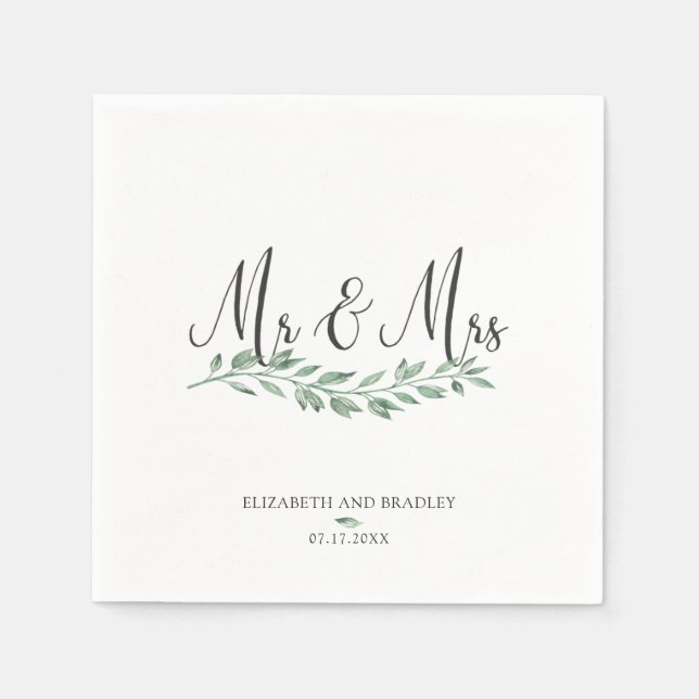 Charcoal Black Script Mr & Mrs Greenery Wedding Napkin (Front)