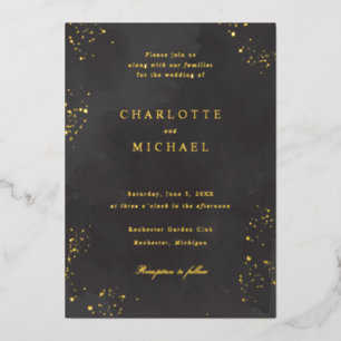 charcoal black watercolor wedding gold foil invita