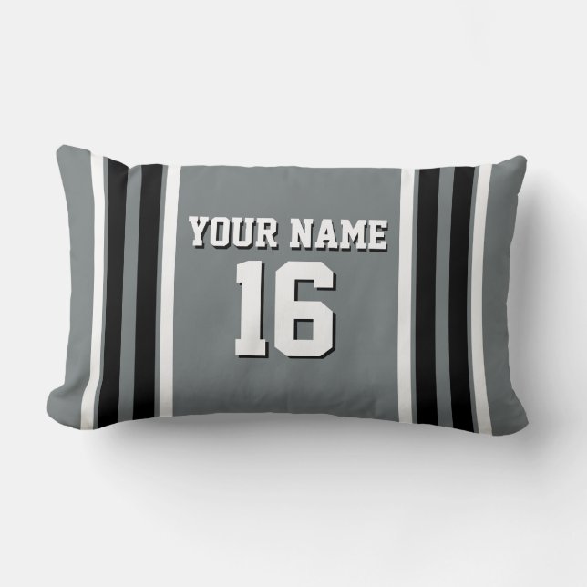 Charcoal Black Wht Team Jersey Custom Number Name Lumbar Cushion (Front)