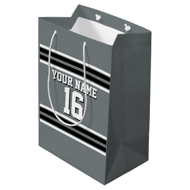 Charcoal Black Wht Team Jersey Custom Number Name Medium Gift Bag (Back Angled)