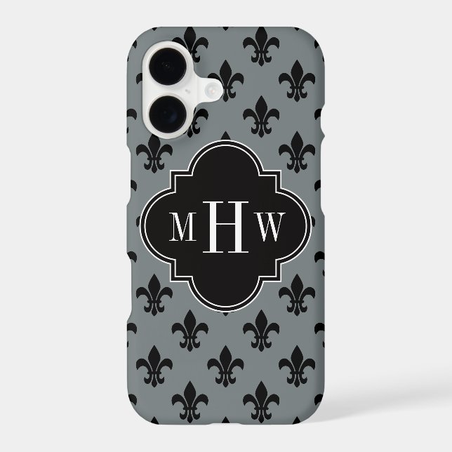 Charcoal Blk Fleur de Lis Black 3 Initial Monogram (Back)