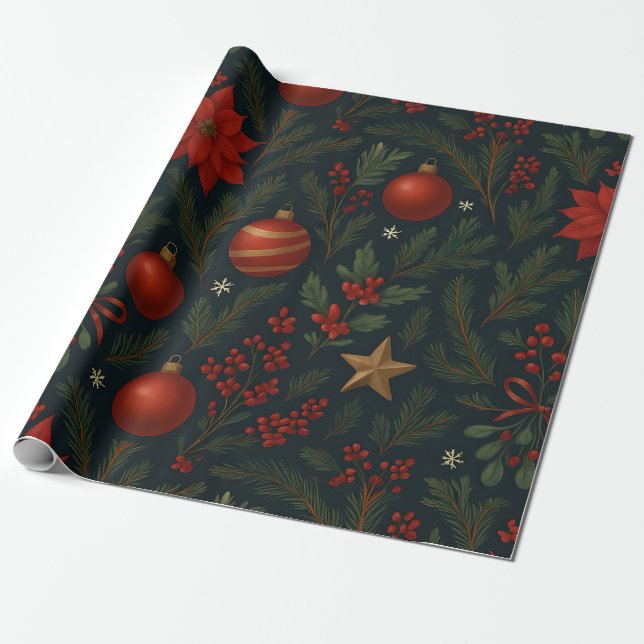Charcoal Bloom - Charcoal Floral Holiday Wrapping Paper (Unrolled)