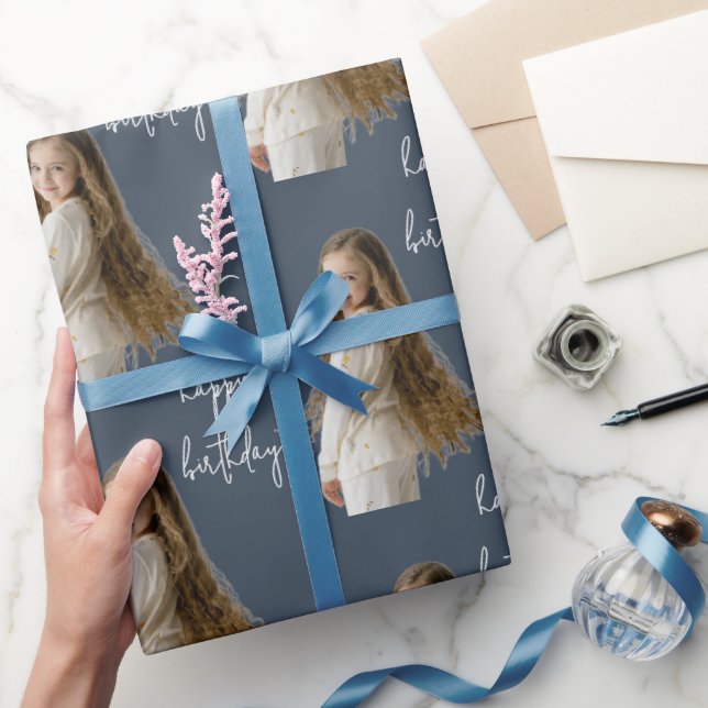 Charcoal Blue & Custom Birthday text and photo - Wrapping Paper (Gifting)