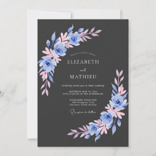 Charcoal Blue Pink Watercolor Floral Wedding Invitation