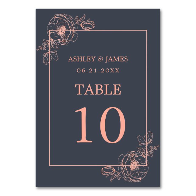Charcoal Blue Rose Gold Floral Outline Wedding Table Number (Front)
