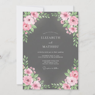 Charcoal Blush Bouquet Eucalyptus Wedding Invitation