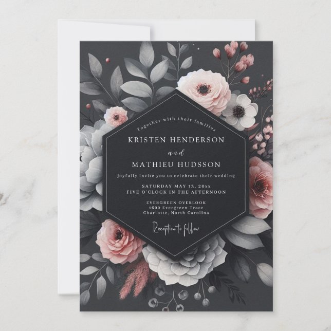 Charcoal Blush Floral Elegance Wedding Invitation (Front)