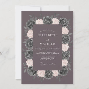 Charcoal Blush Floral Watercolor Wedding Invitation