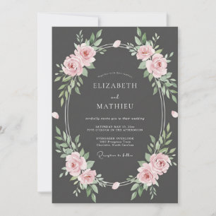 Charcoal Blush Leafy Wedding Invitation