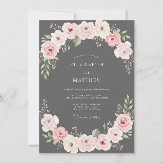 Charcoal Blush Ranunculus Eucalyptus Wedding Invitation (Front)
