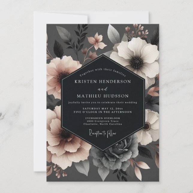 Charcoal Blush Vesper Bloom Wedding Invitation (Front)