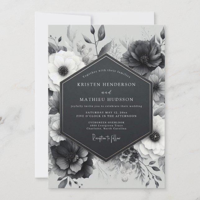 Charcoal Botanical Bloom Wedding Invitation (Front)