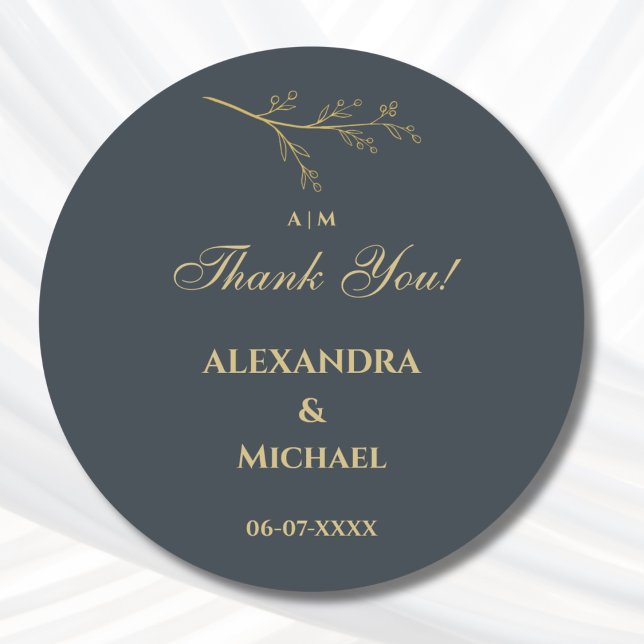 Charcoal Botanical Minimalist Wedding Thank You Classic Round Sticker (Creator Uploaded)