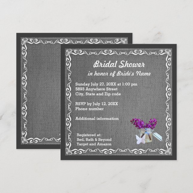 Charcoal Burlap, Purple Flowers, Jar Bridal Shower Invitation (Front/Back)