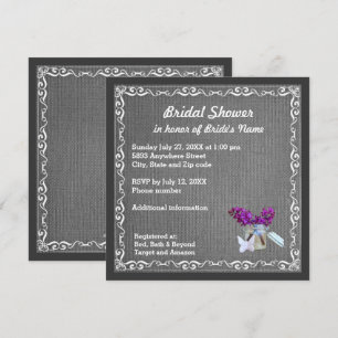Charcoal Burlap, Purple Flowers, Jar Bridal Shower Invitation