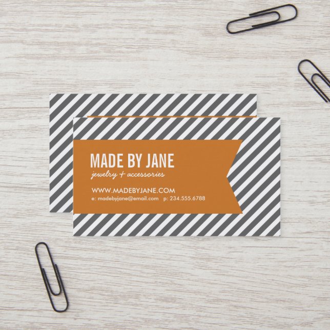 Charcoal & Burnt Orange Modern Stripes & Ribbon Business Card (Front/Back In Situ)