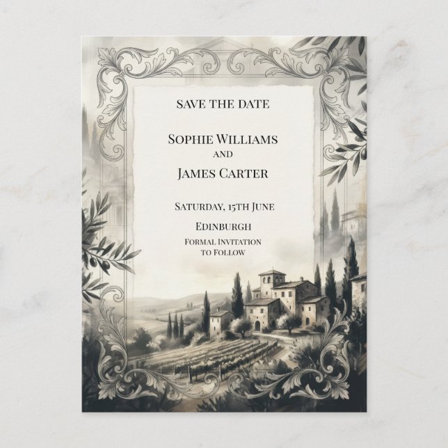 Charcoal Castle Landscape Save The Date Postcard (Front)