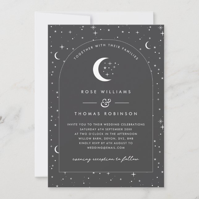 Charcoal Celestial Arched Wedding Invitation Photo (Front)