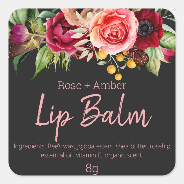 Charcoal Colourful Flowers Lip Balm Tube Labels (Front)