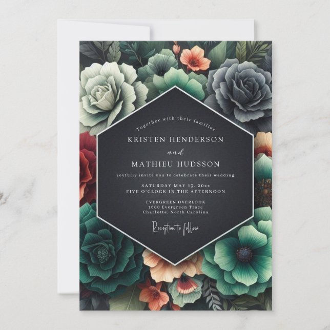 Charcoal Coral Baroque Wedding Invitation (Front)