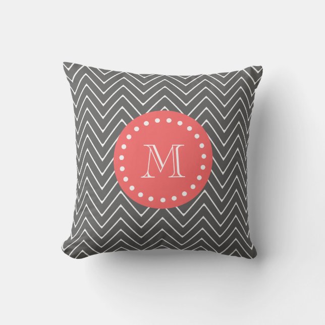 Charcoal Coral Chevron Pattern 2A Monogram Cushion (Front)