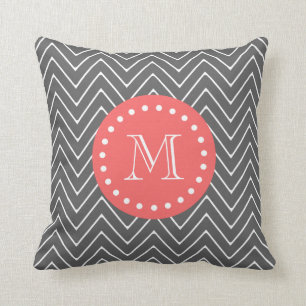 Charcoal Coral Chevron Pattern 2A Monogram Cushion
