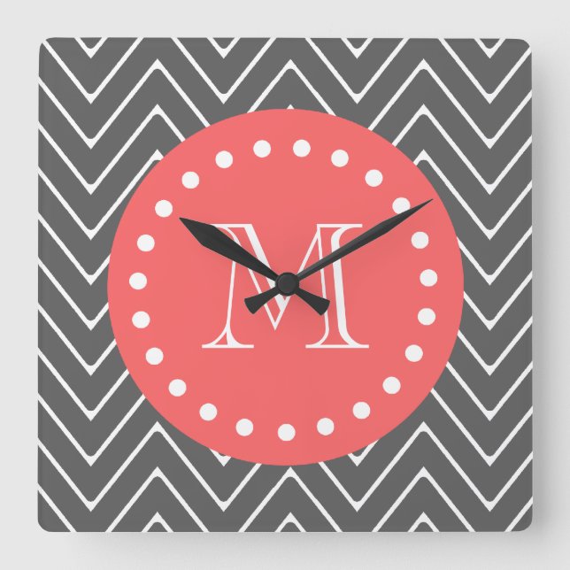Charcoal Coral Chevron Pattern 2A Monogram Square Wall Clock (Front)