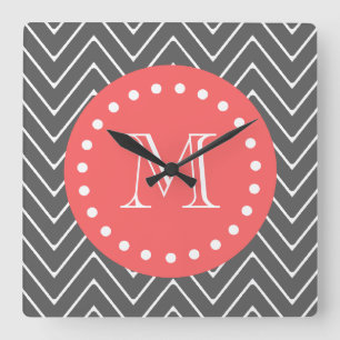 Charcoal Coral Chevron Pattern 2A Monogram Square Wall Clock