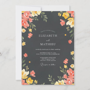 Charcoal Coral Wildflower Wedding Invitation