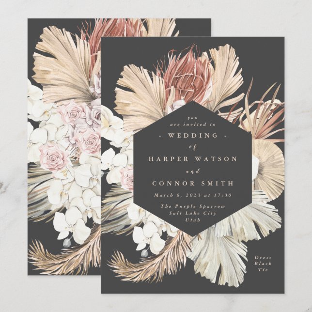 Charcoal Cream Pampas Grass Dried Grey Wedding Invitation (Front/Back)