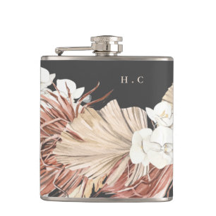 Charcoal Cream Pampas Grass Floral Jungle Wedding Hip Flask