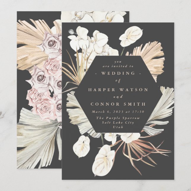 Charcoal Cream Pampas Grass Floral Jungle Wedding Invitation (Front/Back)