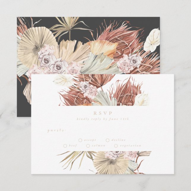 Charcoal Cream Pampas Grass Floral Jungle Wedding RSVP Card (Front/Back)