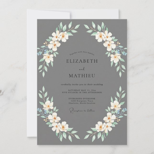 Charcoal Cream Wreath Wedding Invitation (Front)