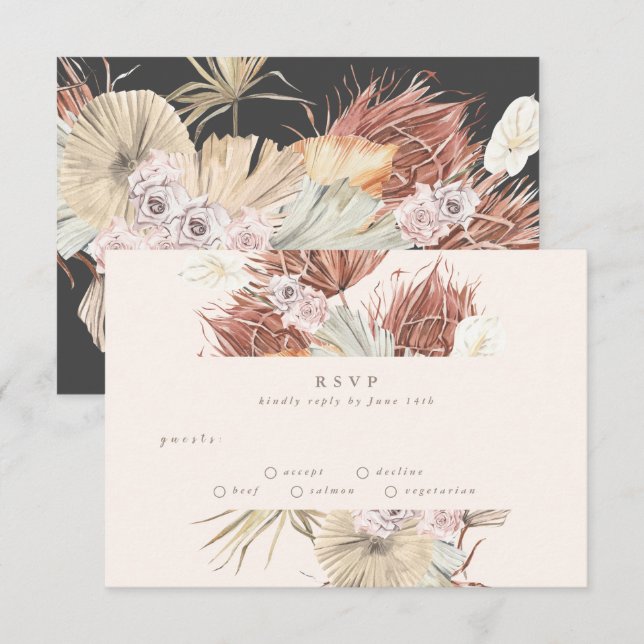 Charcoal & Creams | Pampas Grass Floral Wedding RSVP Card (Front/Back)