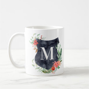 charcoal crest winter floral monogram mug