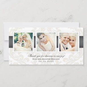 Charcoal Damask 3 Photo Wedding Thank You Card