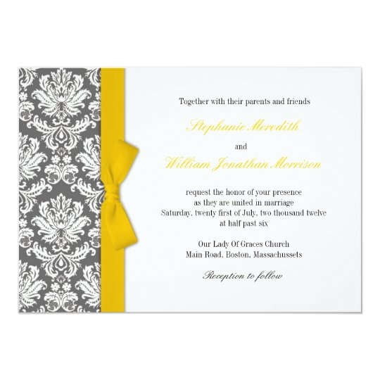 Charcoal Damask Yellow Bow Wedding Invitation