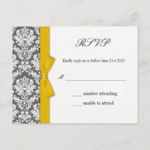 Charcoal Damask Yellow Bow Wedding Response Card