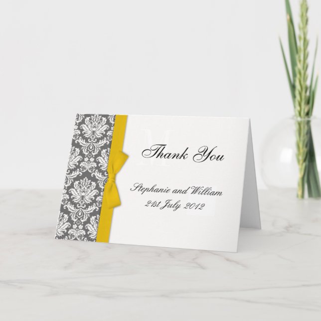 Charcoal Damask Yellow Bow Wedding Thank You Cards (Front)