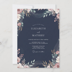 Charcoal Dusty Pink Foliage Eucalyptus Wedding Invitation