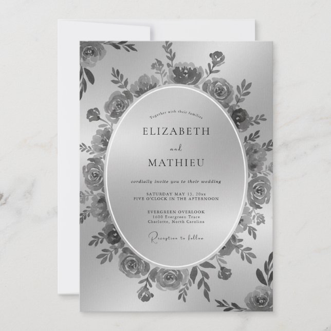 Charcoal Floral Botanical Wedding Invitation (Front)